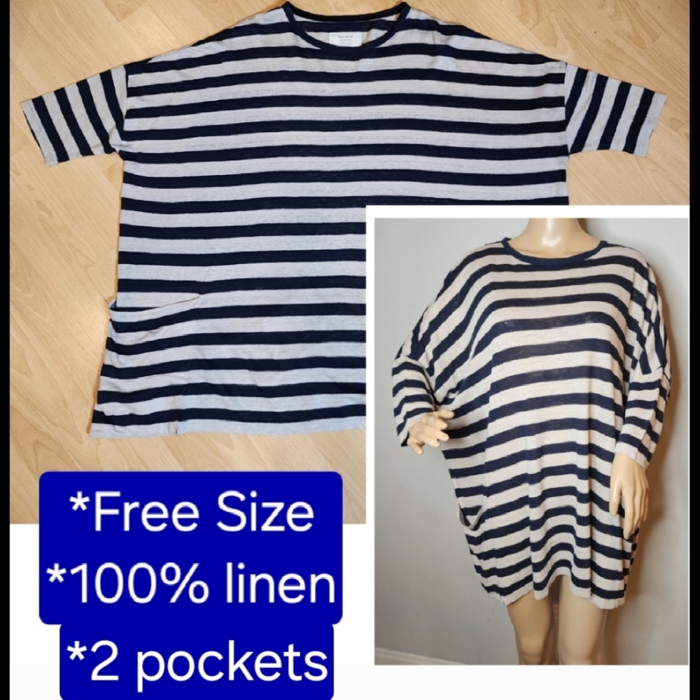 Vlas Blomme One Size 100% Linen Drop Shoulder 2-Pocket Blue Stripe Tunic Top